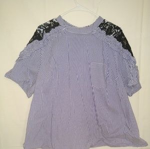 Eloquii back button and lace striped shirt